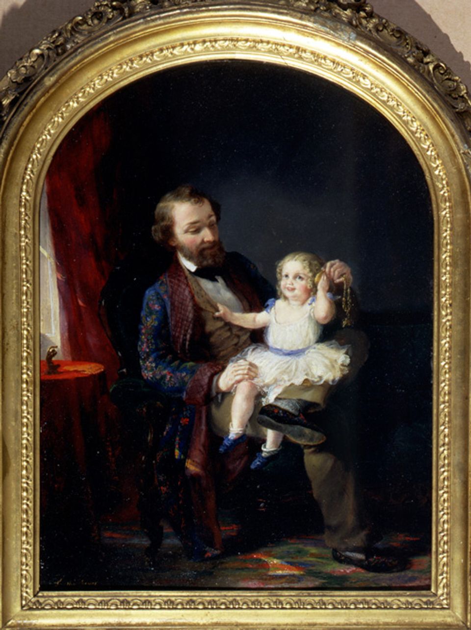 Spencer's oil on board of a father with his young daughter on his lap.
