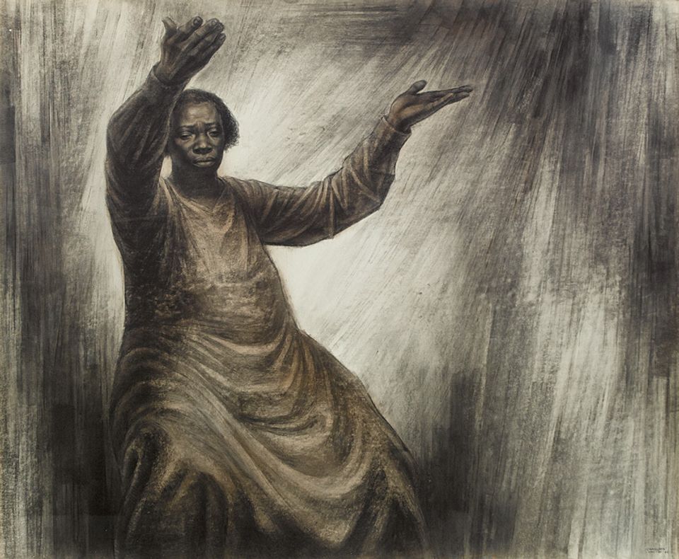 A charcoal drawing of a woman sitting down with her hands raised.