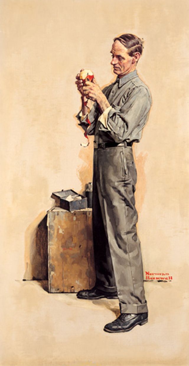 Rockwell's oil on canvas of a man peeling an apple. 