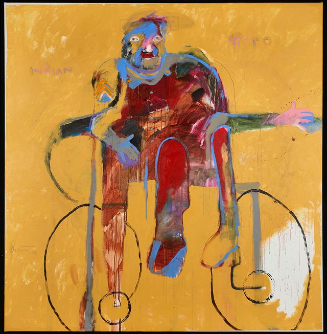 Abstract painting with a red and purple human figure sitting in a wheelchair against a yellow backdrop