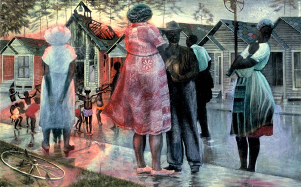 Biggers' oil painting of adults in the street watching their children play with houses in the background.