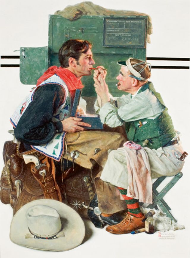 Rockwell's oil on canvas of two men, one of which is a makeup artist putting lipstick on the other which is Gary Cooper.