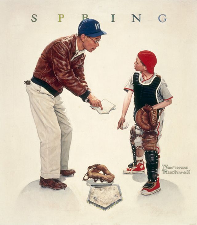 Rockwell's oil on canvas a father teaching his son how to play baseball.