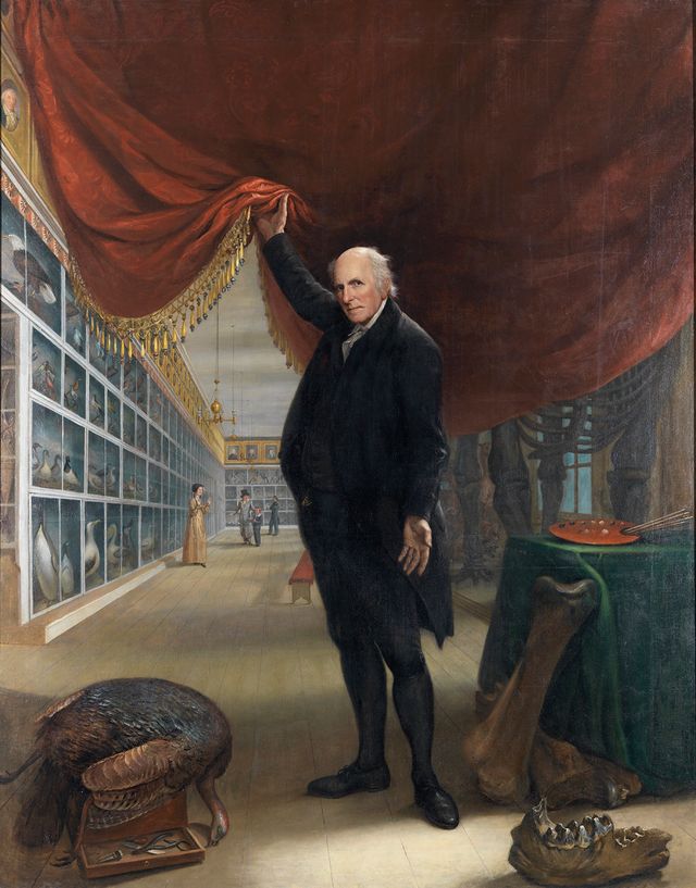 A painting of a man holding a curtain to another room.