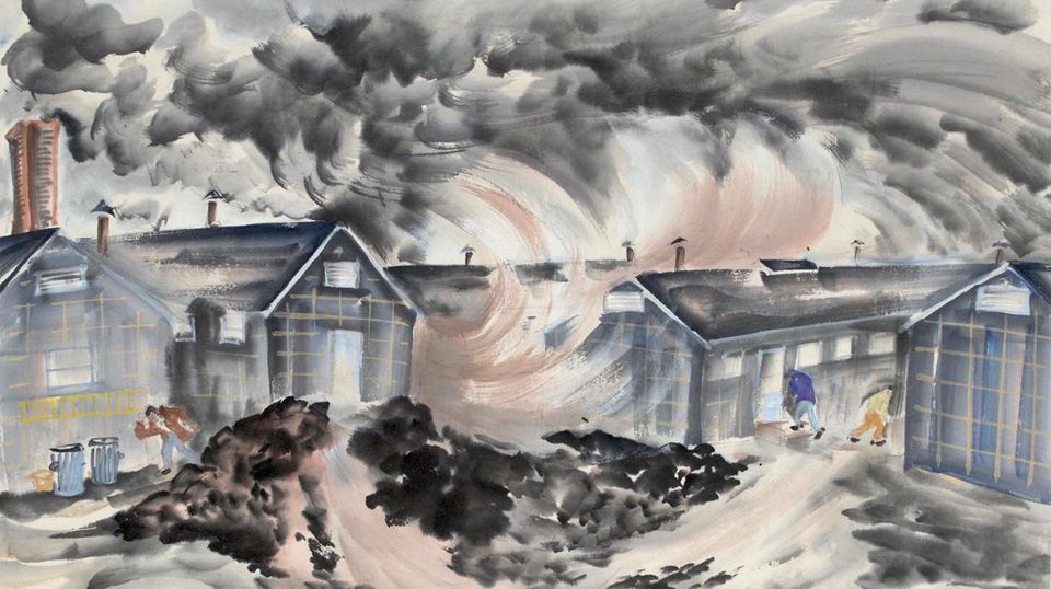 A watercolor of a town with a dust storm