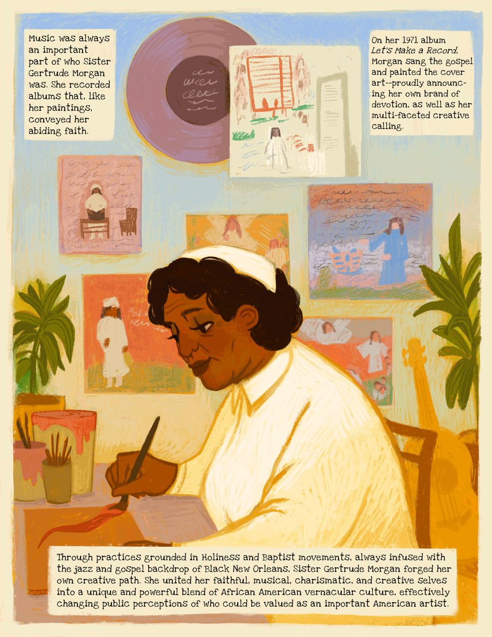 Illustration and description of Sister Gertrude sitting at a desk creating art, with her albums hung on the wall behind her.