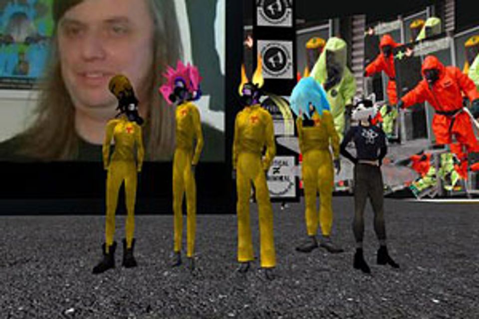 Second Life performance group, Second Front, watches the first feature film to be shown in the online world: Lynn Hershman's Strange Culture.