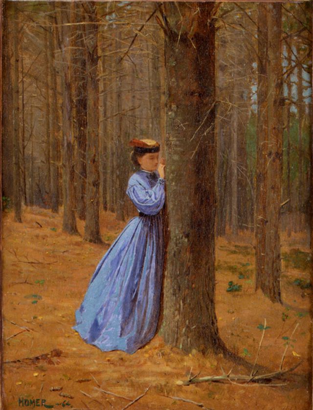 Homer's oil on canvas of a woman writing on a tree in the forest. 