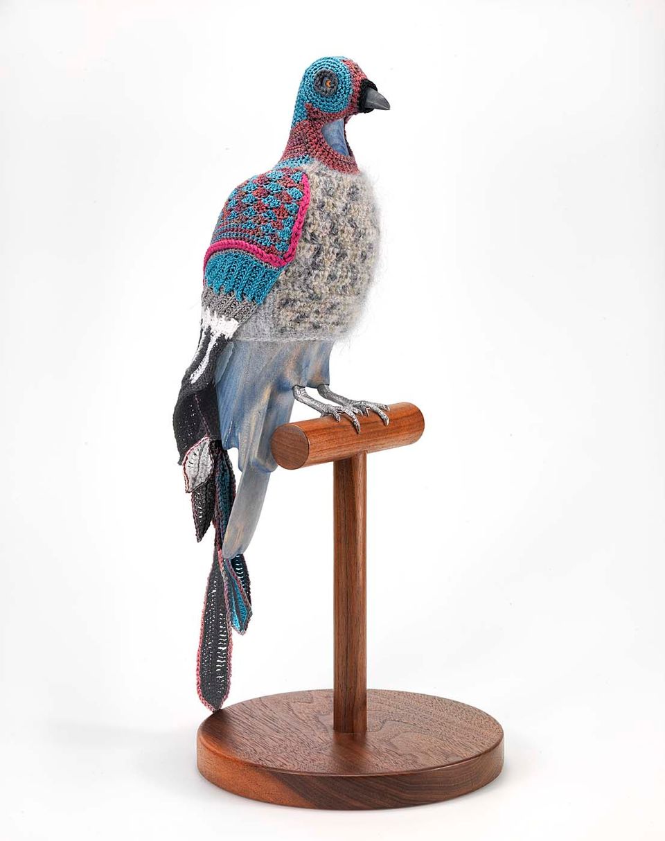 A crocheted passenger pigeon.