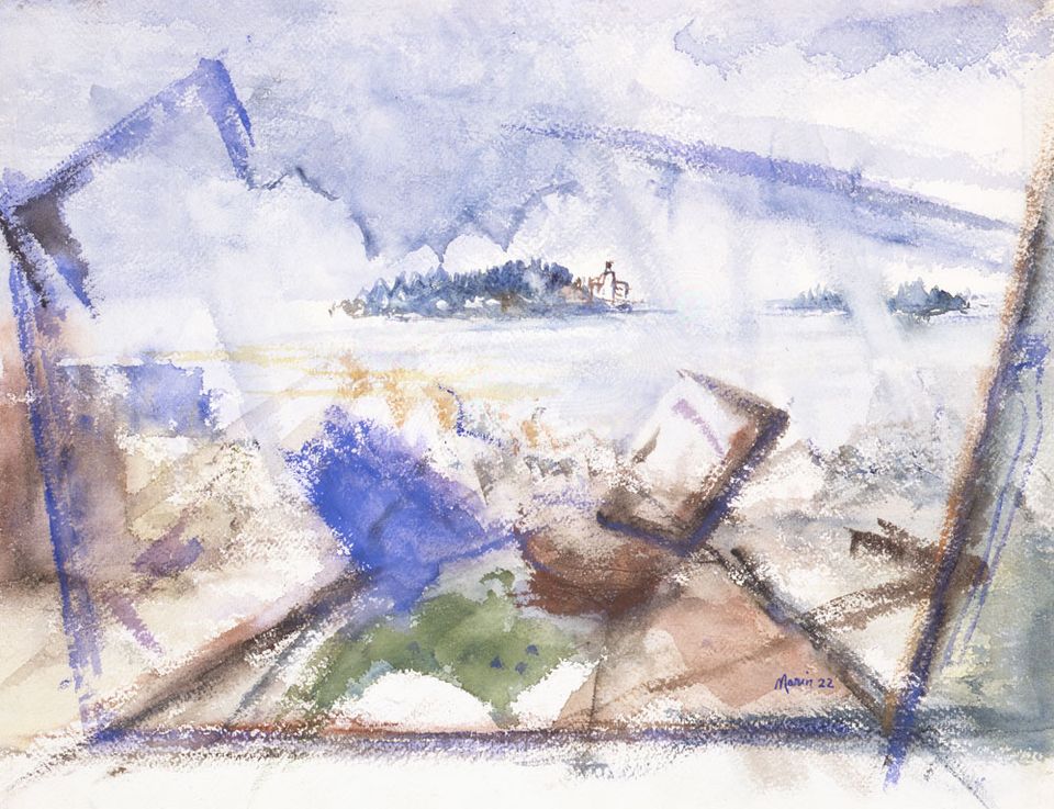 A watercolor and charcoal painting of an abstract scene in the foreground, and an island in the background with water in the middle ground. 