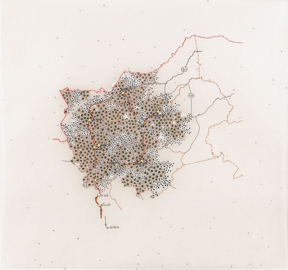 A map on white paper with red lines and tiny black dots.