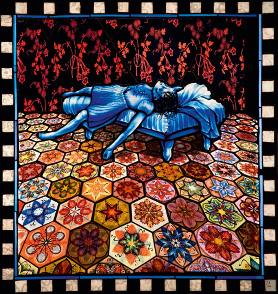 An image of Schaechter's glass piece with a woman laying halfway on the floor and halfway on a bed.