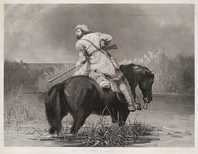Ranney's lithograph of a man on a horse in water with a gun.