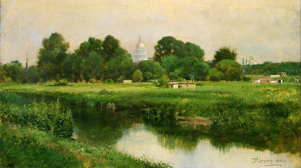 Landscape of U.S. capital with marsh land in front of it.
