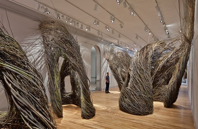 A photograph of Shindig, made from woven sticks, for WONDER at the Renwick Gallery.
