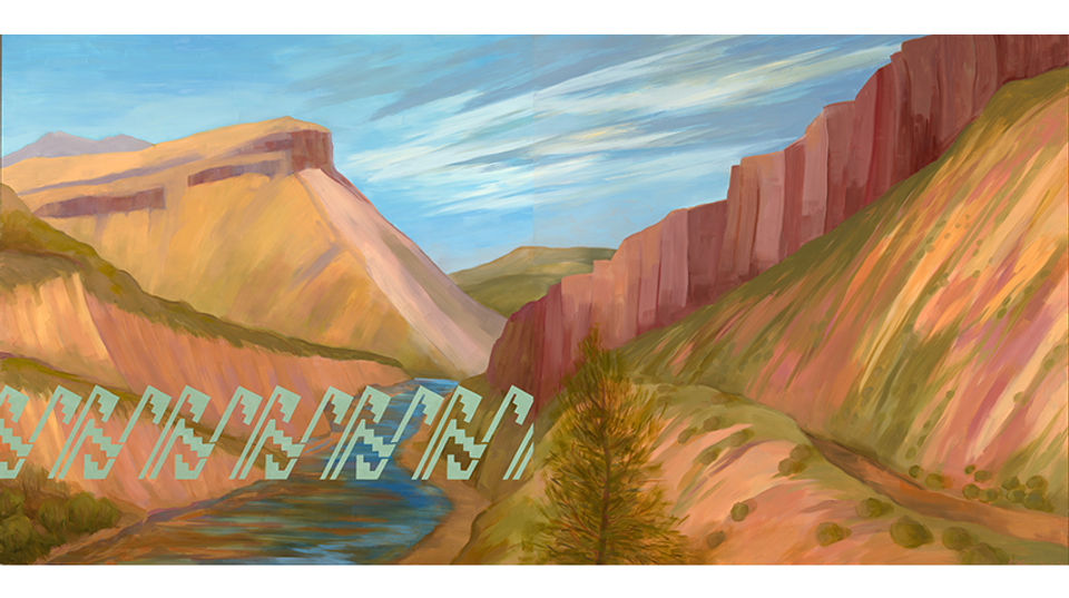 Landscape of mountains with Native motifs overlayed.