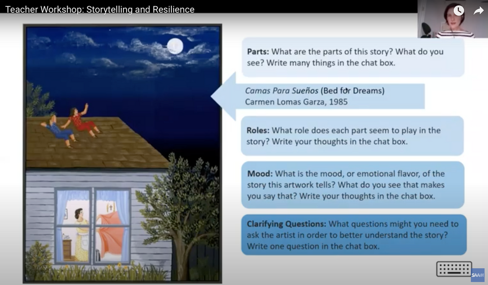 a slide from a presentation with an artwork of people sitting on a house and text asking questions like "What are the parts of this story?" and "What do you see"