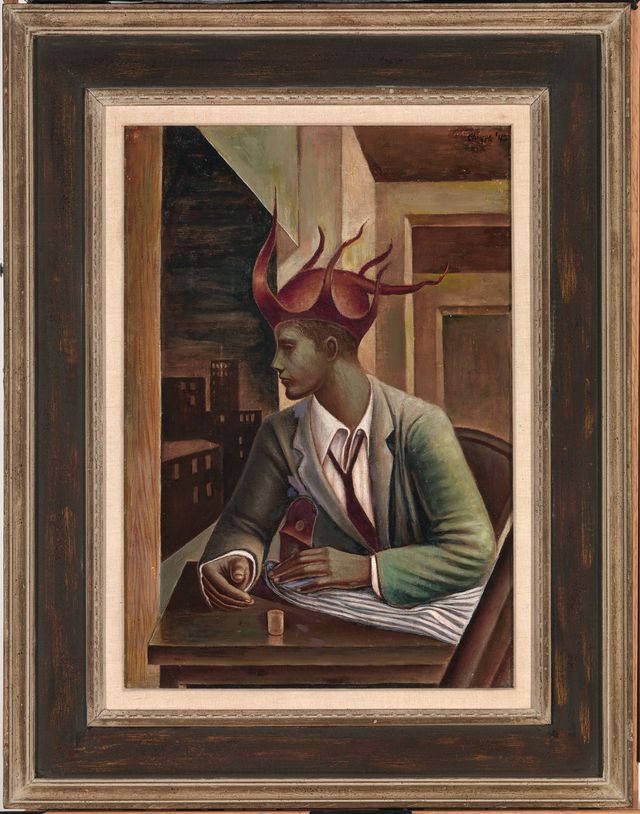 A painting of a person sitting down with a joker hat on. 