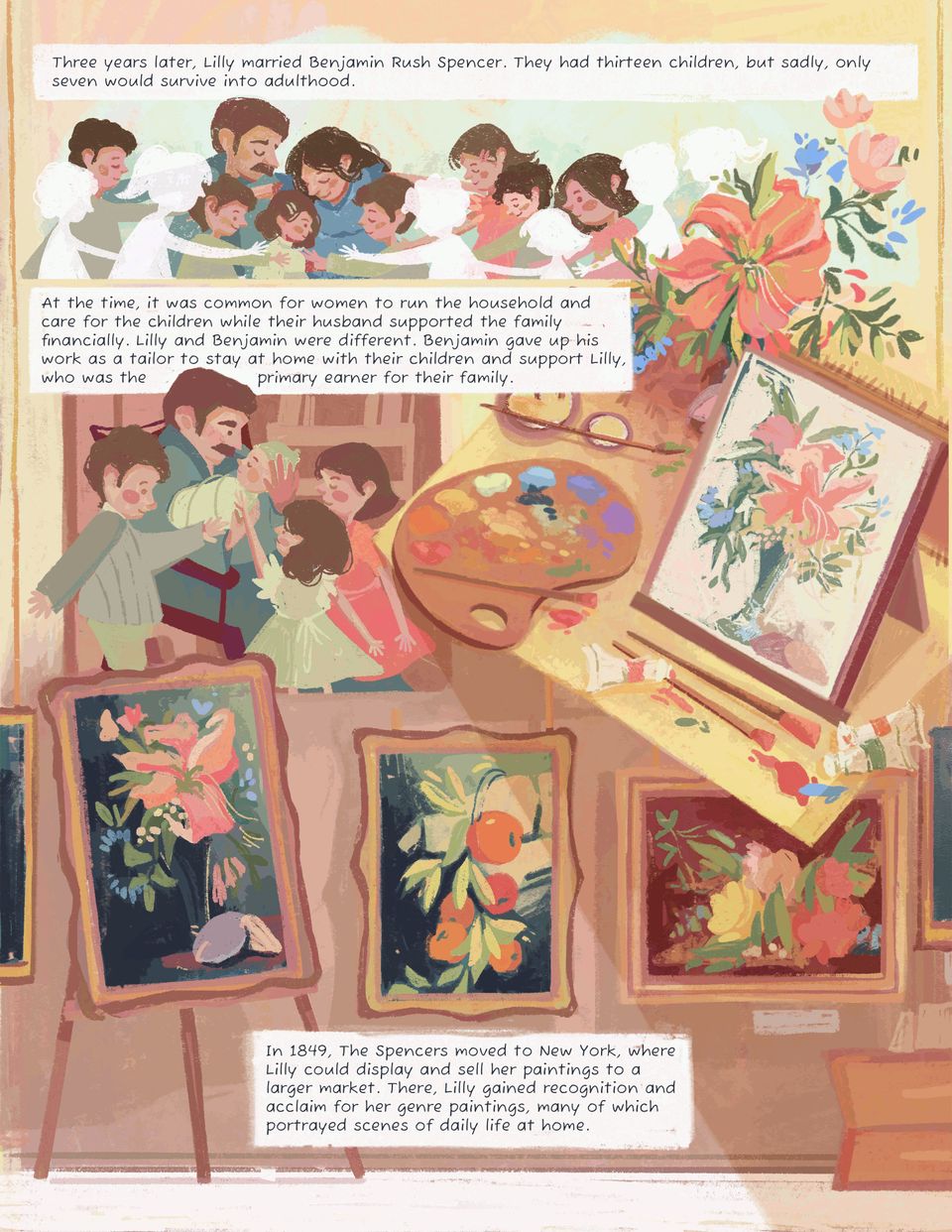  Illustrations and text descriptions of Lilly and her family, showing her husband raising the children surrounded by Lilly's still life genre paintings.