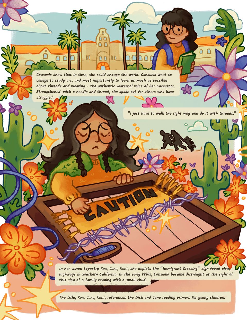 Illustration and description of Consuelo becoming an adult, being influenced by border crossings, and creating her work Run, Jane, Run!. 