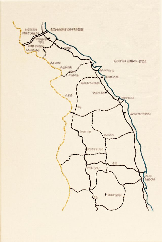 A map with blue, brown, and yellow lines and text for locations.