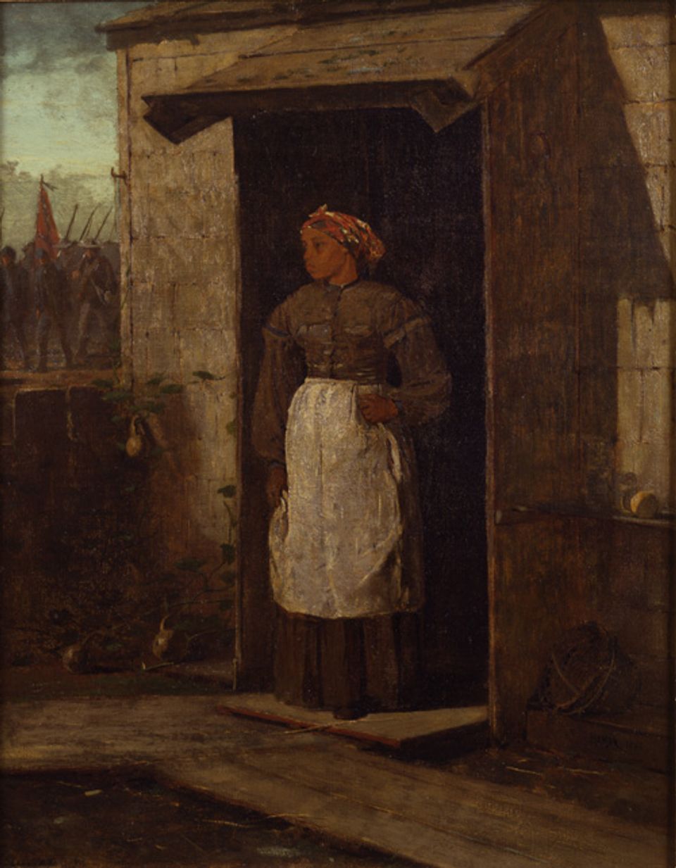 Homer's oil on canvas of a woman in her doorway looking out in the distance.