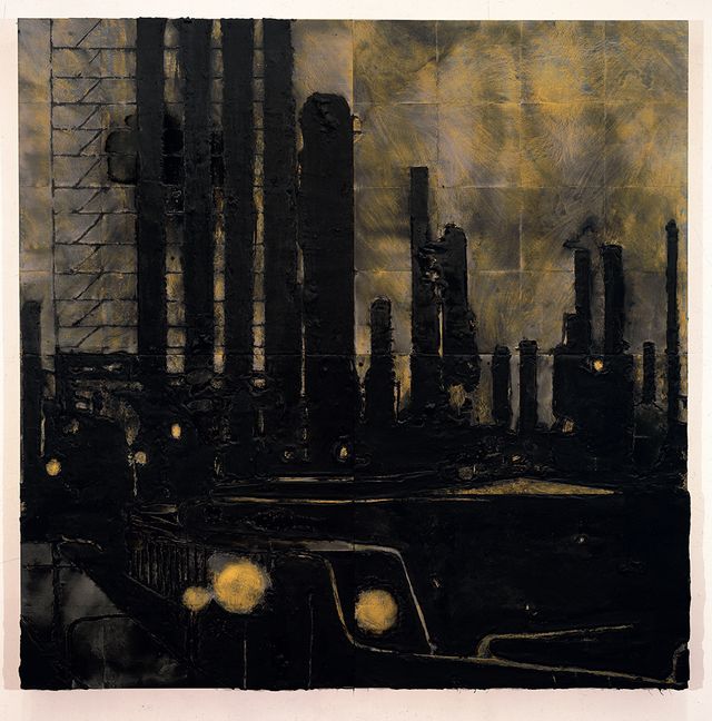 A painting of an industrial area at night.