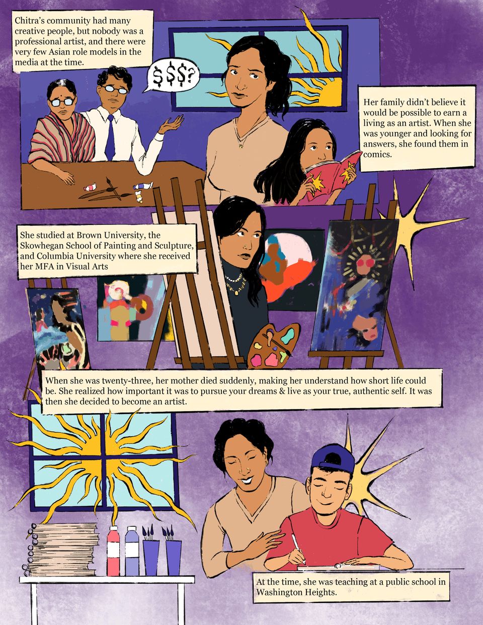Illustration of Chitra becoming an artist and then a teacher, despite disapproval. Set on a purple backdrop with descriptive text.
