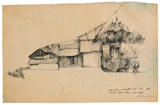 Puryear's Untitled, a drawing of a residence sketched with pen and black ink.