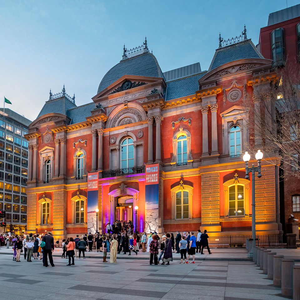 This is an exterior image of the Renwick Gallery at night.