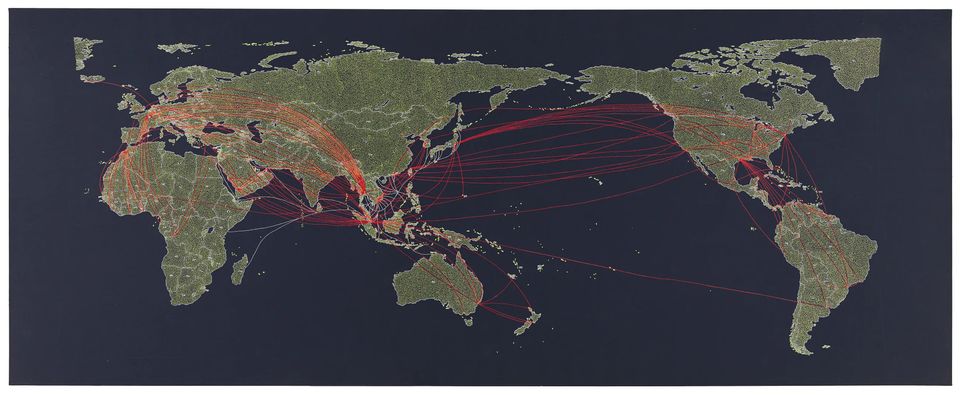 A world map with red lines illustrating boat trajectories from Vietnam and flight routes from refugee camps.