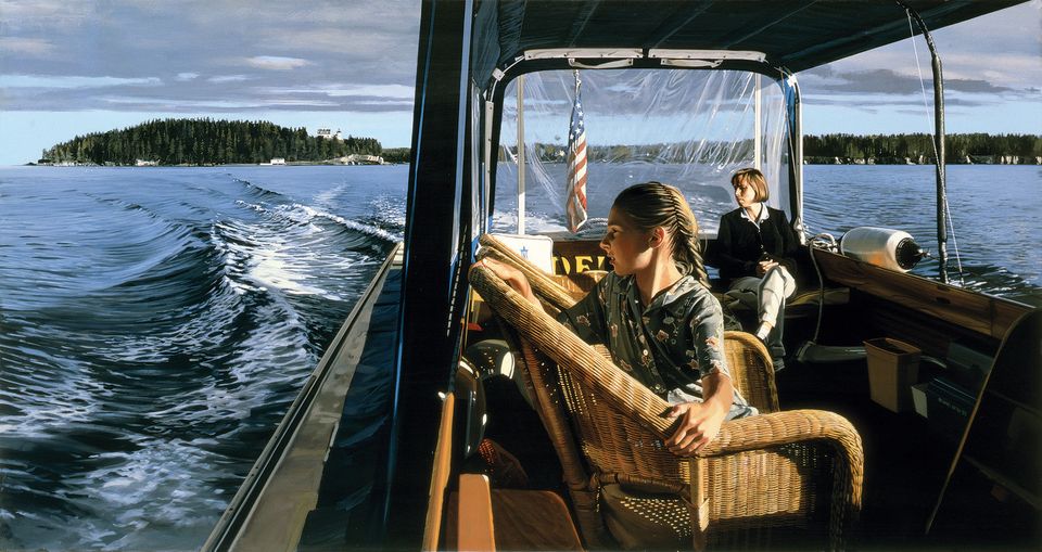 Estes' Water Taxi, Mount Desert, a painting of a girl looking out into the water with her mother in the background of the boat.