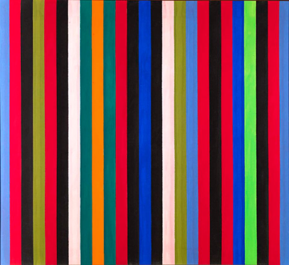 A photograph of an artwork by Gene Davis featuring multi-colored stripes