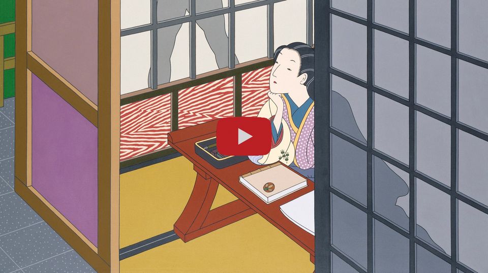 A painting of a figure sitting down with a shadow outsider her window