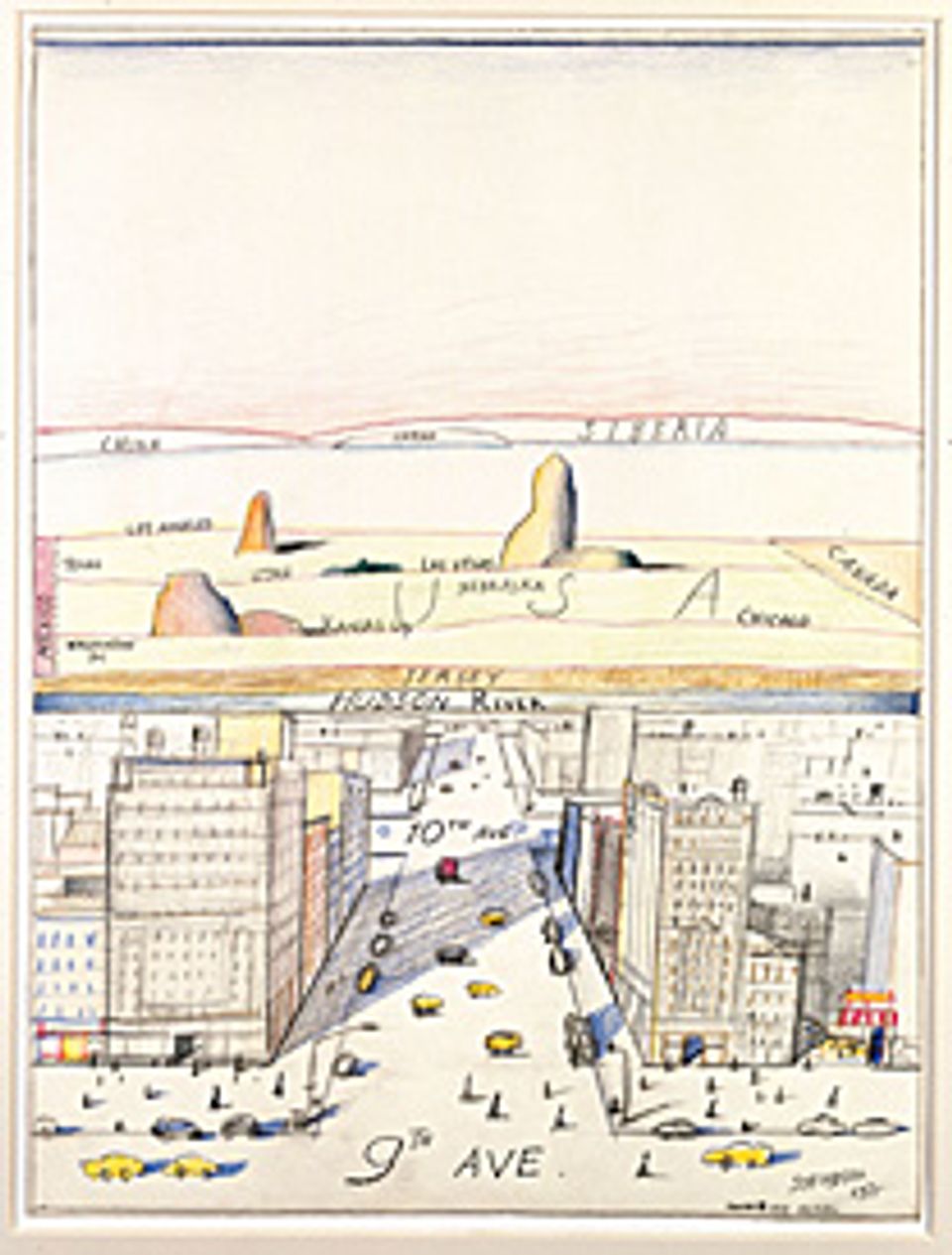 A perspective drawing of a city and the landscape in the background. 