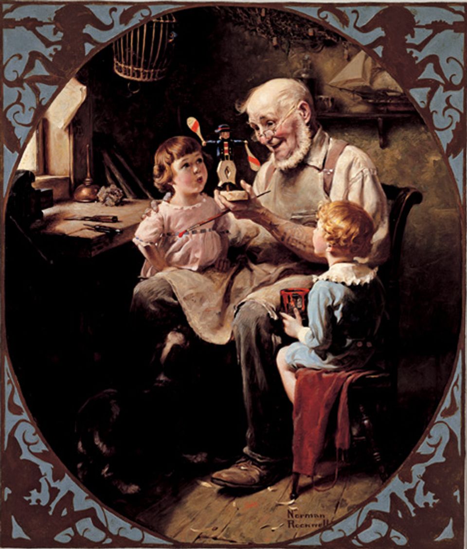 Rockwell's oil on canvas of a toy maker with two children on his lap watching.