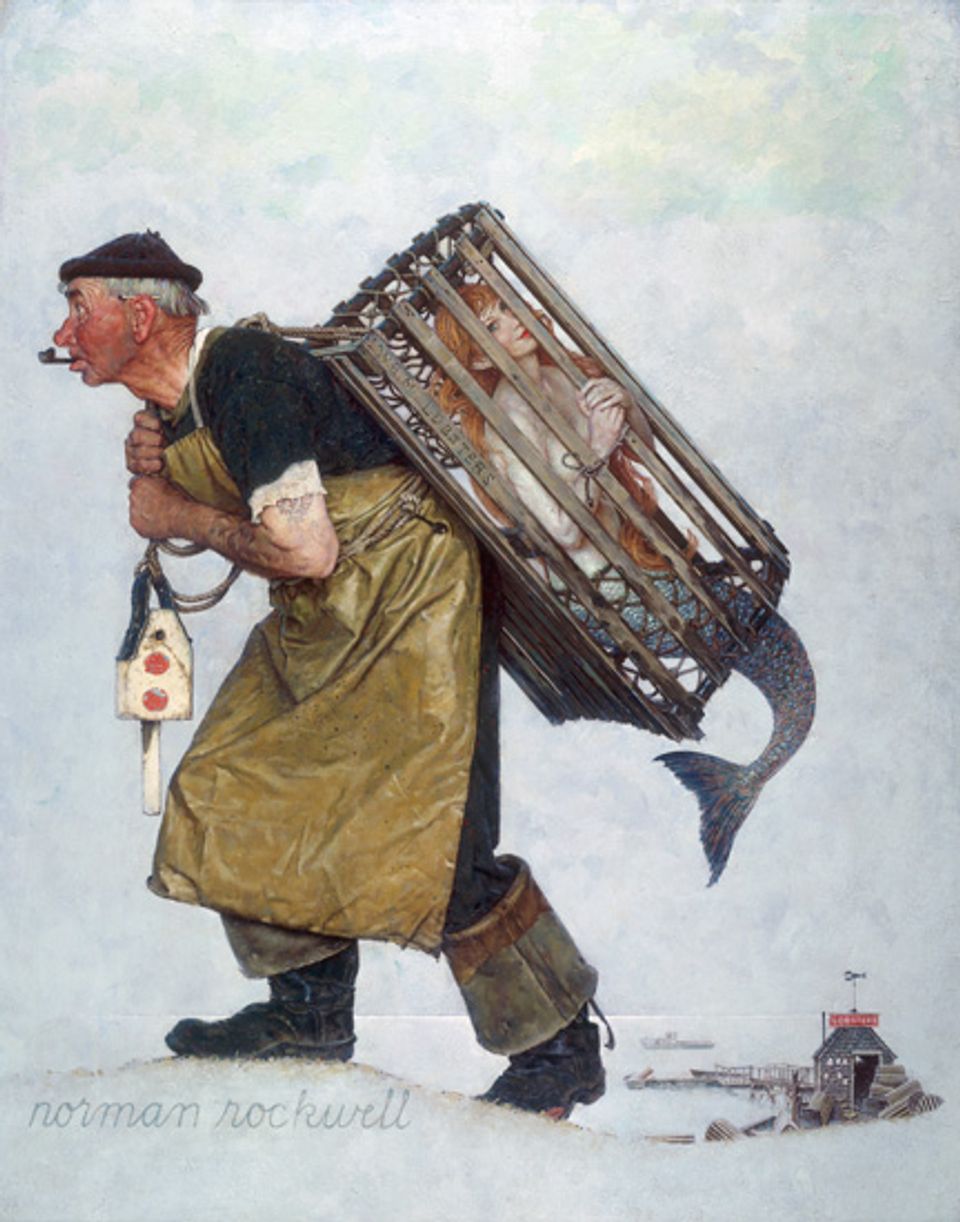 Rockwell's oil on canvas of a fisherman carrying a crate with a mermaid inside.