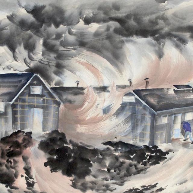 A watercolor of a town with a dust storm