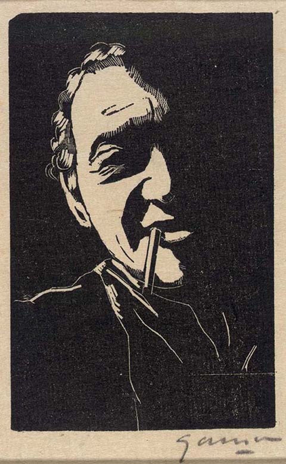 A woodcut painting of a man with a cigarette in his mouth.