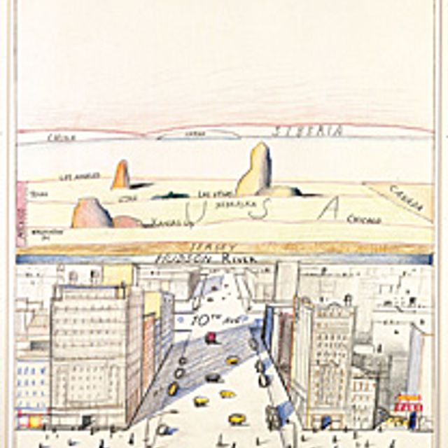 A perspective drawing of a city and the landscape in the background. 