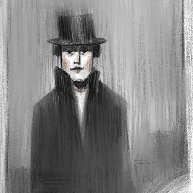 An illustration of a person wearing a black coat and top hat.