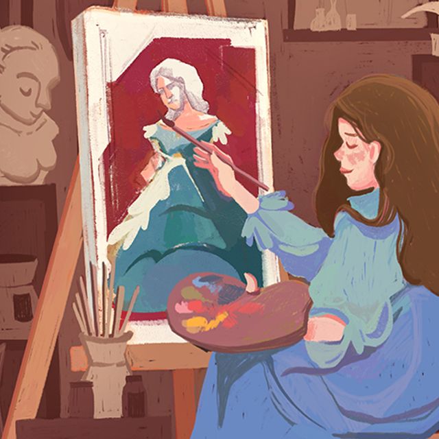 Illustration of a girl sitting in front of a canvas. She is painting a portrait.