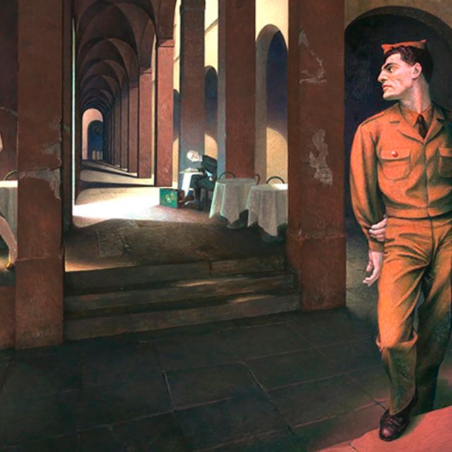 A painting of a soldier looking at a strolling woman.