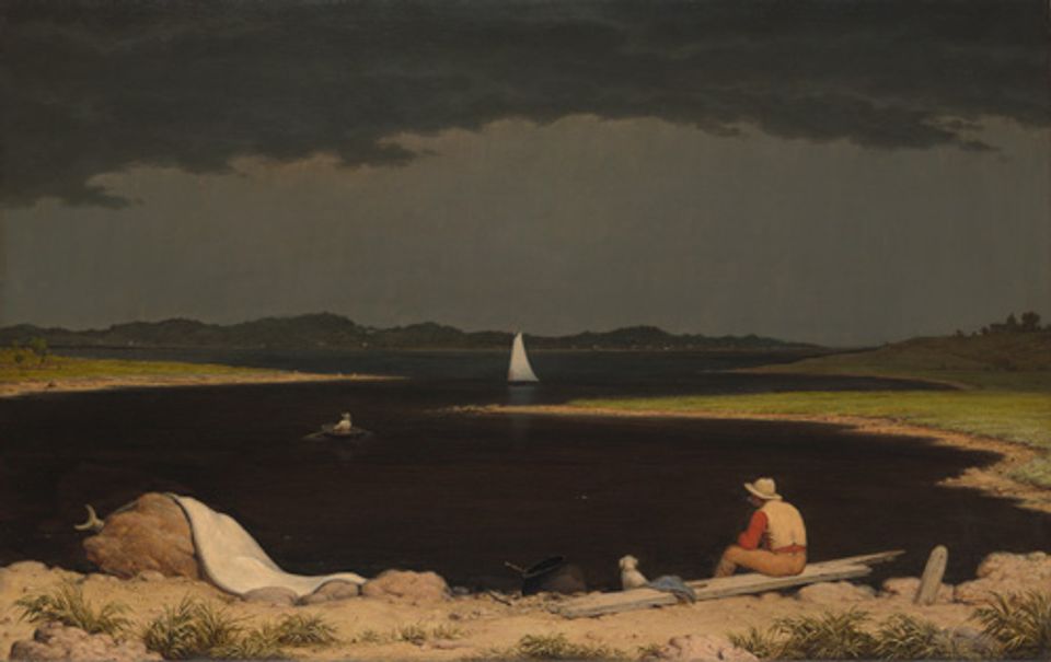 Heade's oil on canvas of a lake with a storm approaching and a man in the foreground, the lake in the middle ground, and a sailboat in the background.