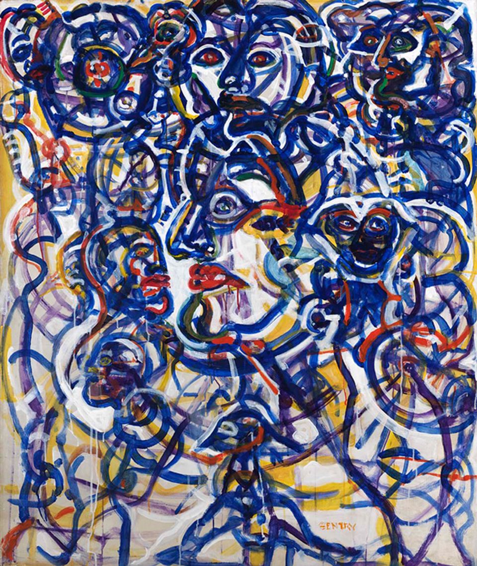 Gentry's acrylic painting in red, yellow, and blue of swirly lines that form different faces.