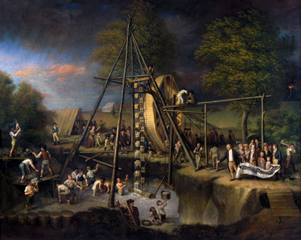 Peale's oil on canvas of men at a water wheel gathering water.