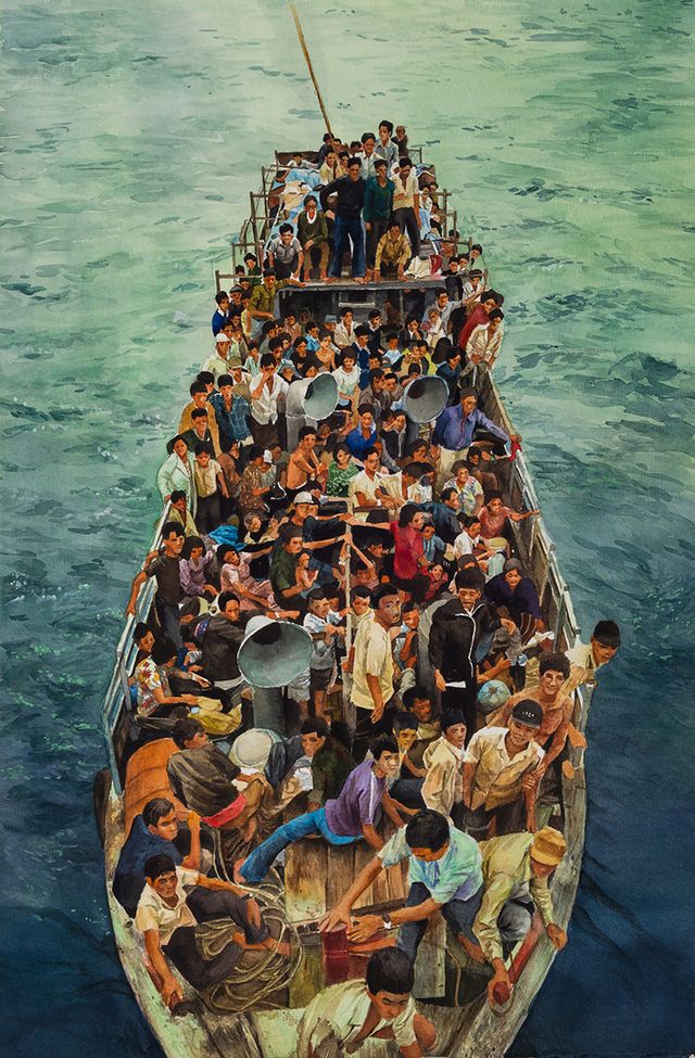 A aerial painting of a full boat of people on the water. 