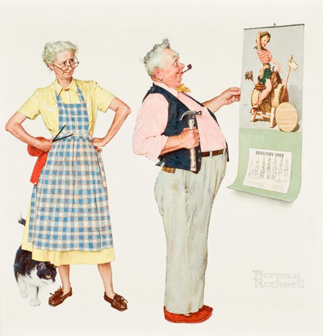 Rockwell's oil on canvas of a man looking at a calendar with his wife scolding him from behind.