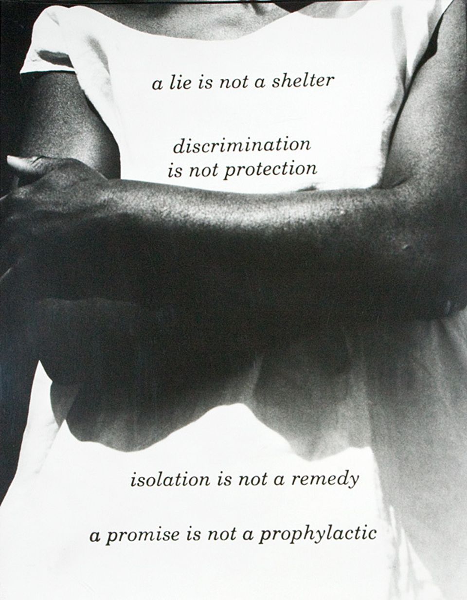 A photograph of a woman crossing her arms with words printed on top.