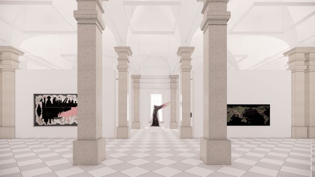 A rendering of SAAM's contemporary art gallery. The view is through two rows of columns with a sculpture in the center and paintings on each side.